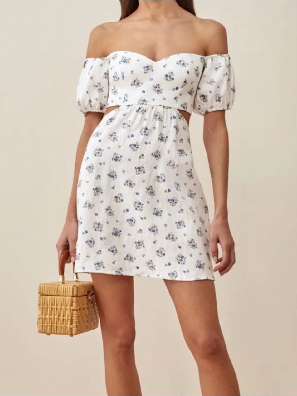 Reformation Emilia Linen Off-Shoulder Cut Out Mini Dress